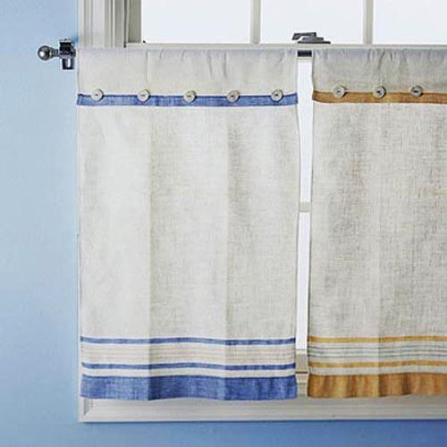 white kitchen curtains with blue and yellow accents