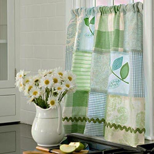 blue and green window curtains with leaves designs