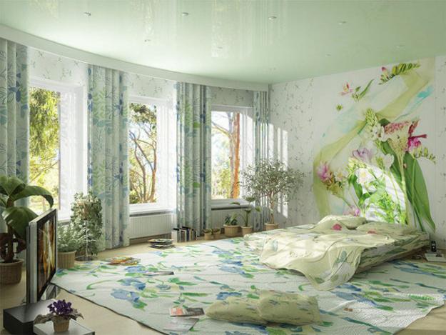 bedroom decorating with light floral curtain fabric and floral bedding