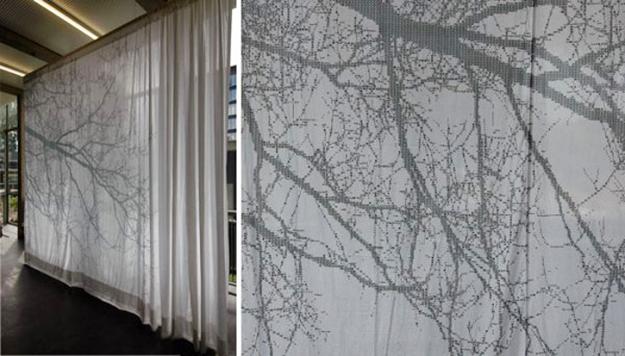 white curtains with tree branches