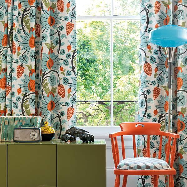 bright window curtains in green and orange colors for summer decorating