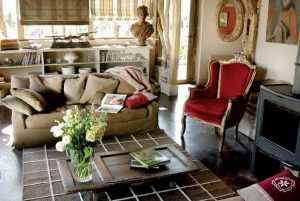 vintage furniture with biege and red upholstery fabric