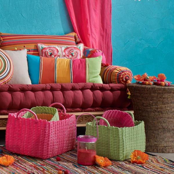 home furnishings, blue and pink color combination with light green accessories