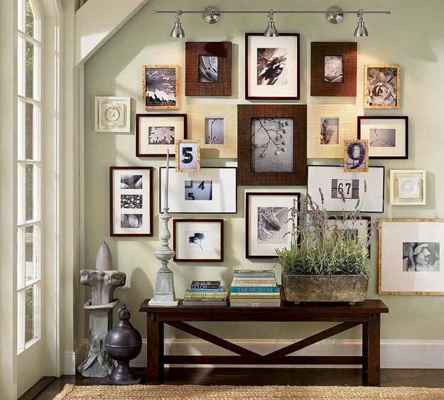 entryway wall decoration with art prints and photographs