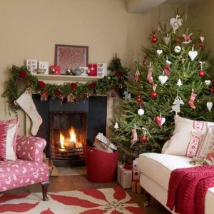 classic Christmas decor in white green and red colors