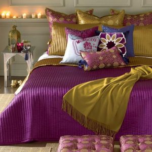 goldern yellow color shades and purple colors for bedroom decorating