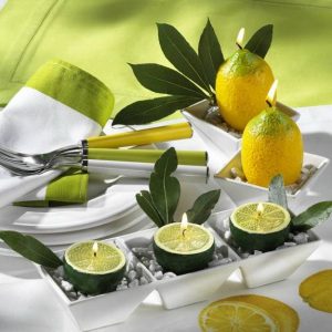 table decorations and centerpieces with lemons, yellow and green color combination
