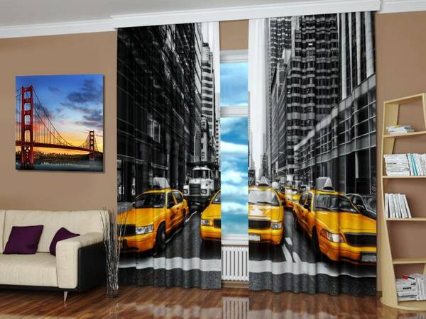 Modern Window Treatments with Art Prints Enhancing Travel Decor Theme