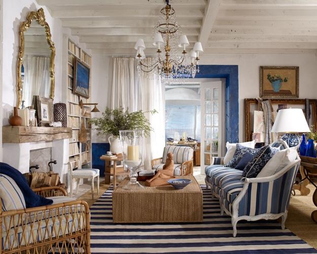 modern interiors with striped decor in white and blue, decorative patterns