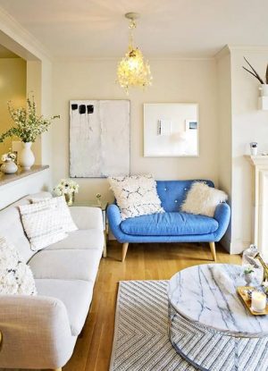 white decorating with blue and yellow accents for modern home interiors