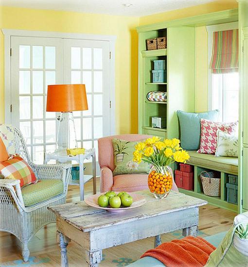 colorful living room design in green, yellow and orange color