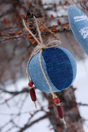 denim christmas balls with twine loops